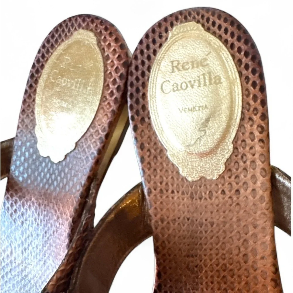 Rene Caovilla Crystal Leaf Sandals Metallic Gold Wedge Thong IT 38.5 US 8.5